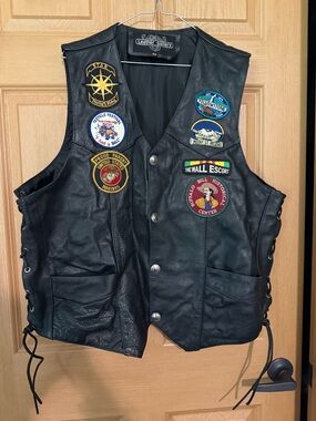 Vintage Black Leather Patch Vest with Americana Road Trip Embroidered Patches
